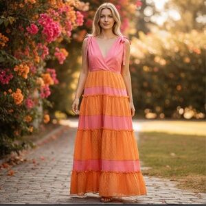 NWT LTD Daphne Dress midi pink orange tiered bohemian Colorblock pockets Rtl 219
